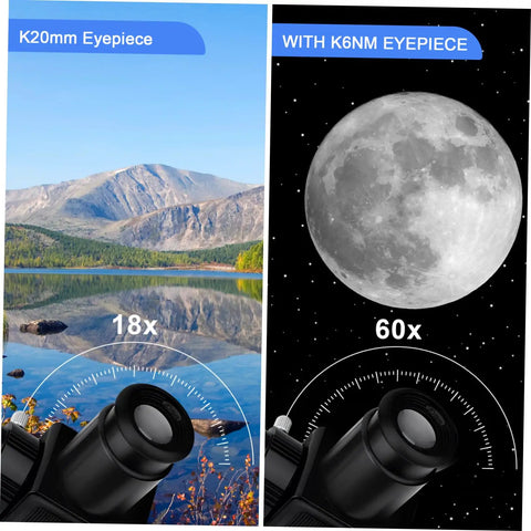 Starter Refractor Telescope With Adjustable Tripod For Adults showing K20mm eyepiece 18x and K6NM eyepiece 60x views of a landscape and moon