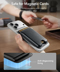 Slim MagSafe Card Wallet With RFID Blocking, Holds Up To 5 Cards, Magnetic Wallet For iPhone 17, 16, 15, 14, 13, 12 Series And Select Samsung Phones, Includes MagSafe Sticker, Not For 13 Or 12 Mini, Black, shown attached to iPhone with card protection features displayed.
