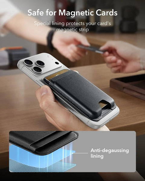 Slim MagSafe Card Wallet With RFID Blocking, Holds Up To 5 Cards, Magnetic Wallet For iPhone 17, 16, 15, 14, 13, 12 Series And Select Samsung Phones, Includes MagSafe Sticker, Not For 13 Or 12 Mini, Black, shown attached to iPhone with card protection features displayed.