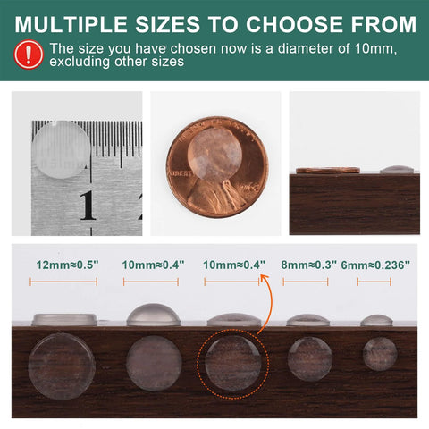 Size comparison of 100 Pieces Clear Self Adhesive Cabinet Door Bumpers 0.4 Inch Diameter with ruler and penny for scale.