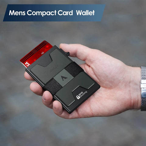 Ultra Slim Card Holder For Men With Pop Up Wallet RFID Blocking Minimalist Wallet in hand, dark green and black design.