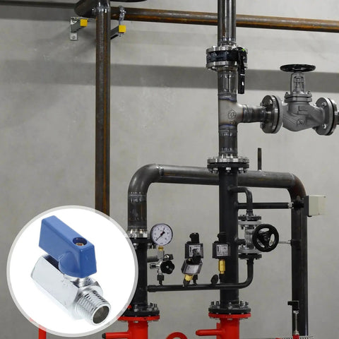 Built Tough Brass Mini Ball Valve With Dead Simple Twist Install NPT One Quarter Inch Female To Male Pipe Thread Adapter, blue valve in plumbing setup.