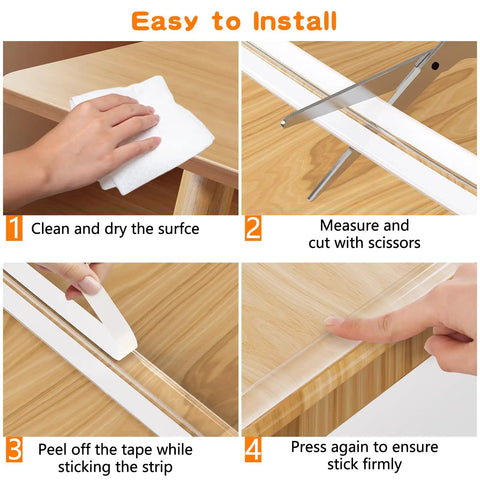Clear Baby Corner Protectors 6M 20FT Pre Taped Edge Guards installation steps with cleaning, measuring, cutting, peeling, and pressing.