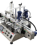 Desktop Four Head Magnetic Pump Filling And Capping Machine For Liquids Five To One Thousand Ml with stainless steel frame and control panel.
