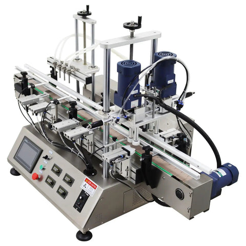Desktop Four Head Magnetic Pump Filling And Capping Machine For Liquids Five To One Thousand Ml with stainless steel frame and control panel.