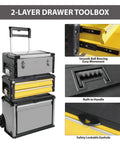 Stackable Metal Tool Box On Wheels With Two Drawers Rolling Upright Chest For Garage Or Workshop Heavy Duty Portable Organizer In Yellow