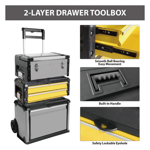 Stackable Metal Tool Box On Wheels With Two Drawers Rolling Upright Chest For Garage Or Workshop Heavy Duty Portable Organizer In Yellow