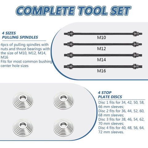 Automotive 28pc metal press and pull sleeve kit with four pulling spindles M10 M12 M14 M16 and four stop plate discs.