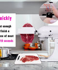 Universal Meat Tenderizer Attachment For All Stand Mixers, No More Jams Or Breaks in action with beef, easy to clean.