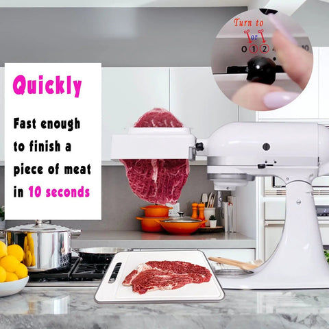 Universal Meat Tenderizer Attachment For All Stand Mixers, No More Jams Or Breaks in action with beef, easy to clean.