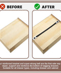Image showing before and after using Straight Shooter Drawer Repair Kit With Six Heavy Duty Support Brackets And Commercial Screws to solidify loose drawers.