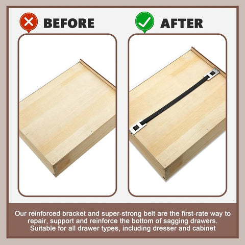 Image showing before and after using Straight Shooter Drawer Repair Kit With Six Heavy Duty Support Brackets And Commercial Screws to solidify loose drawers.
