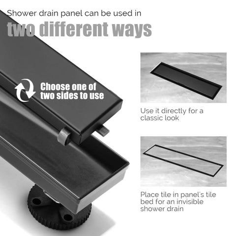 36 Inch Stainless Steel Linear Shower Drain With Tile Insert Tray And Flat Cover, showcasing 2-in-1 tile or flat insert options