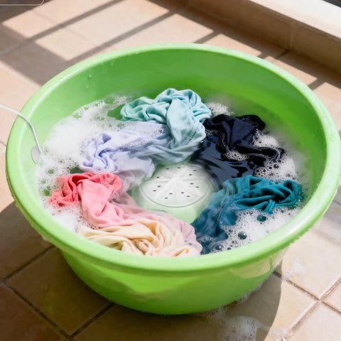 This Slick Mini Turbine Washing Machine Is Your New Usb Powered Portable Laundry Companion Built For Rv Trips And Delicate Loads Made From Rugged Plastic To Handle Everyday Grime And Get Things Done Fast Without Breaking A Sweat. Colorful clothes washing in green basin.