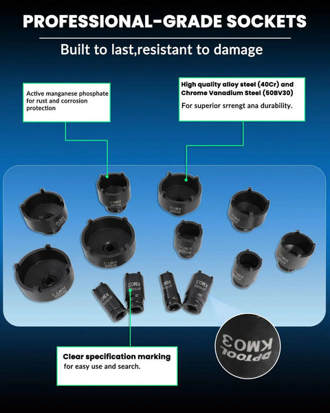 13 Piece Spindle Nut Socket Kit For KM Groove Nuts Remove And Install Locking Hub Sockets For Ball Joints And Axles