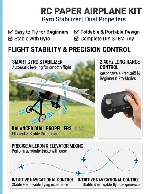 Electric RC Paper Airplane Kit With Gyro Stabilizer For Smooth Outdoor Flights, DIY Model Airplanes Launcher Construction Set