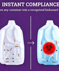 Top Notch 2 Inch Biohazard Warning Stickers With No Sweat Waterproof Coating and Ultra Conspicuous Vinyl Material for heavy duty hazard marking on a container filled with syringes.