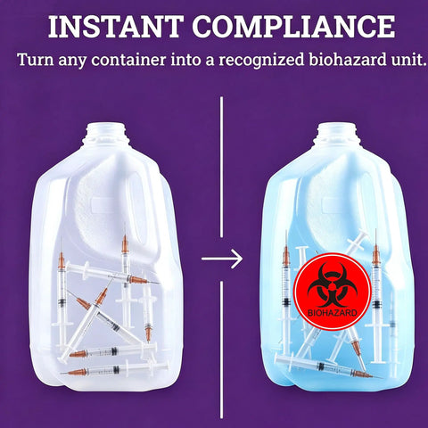 Top Notch 2 Inch Biohazard Warning Stickers With No Sweat Waterproof Coating and Ultra Conspicuous Vinyl Material for heavy duty hazard marking on a container filled with syringes.