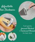Stainless Steel Cheese Slicer Copenhagen Multifunctional Kitchen Tool demonstrating adjustable slice thickness feature.
