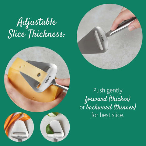 Stainless Steel Cheese Slicer Copenhagen Multifunctional Kitchen Tool demonstrating adjustable slice thickness feature.