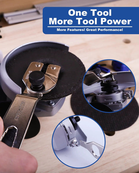 4 In 1 Adjustable Wrench And Bottle Opener Tool For Grinders shown fitting grinder disc, durable nickel plated steel