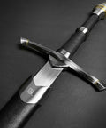 One Hand Medieval Sword Prop With High Carbon Steel Blade 41.25 Inch, black scabbard, close-up of hilt and guard on dark background