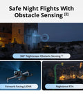 Image showcasing Mini 5 Pro Drone Fly More Combo Plus RC 2 with 1 Inch CMOS Sensor's night flight and obstacle sensing capabilities.