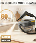 Heavy Duty 1600W Handheld Steam Cleaner For Home 1.69 Qt Tank showcasing steam release from stylish design on kitchen counter.