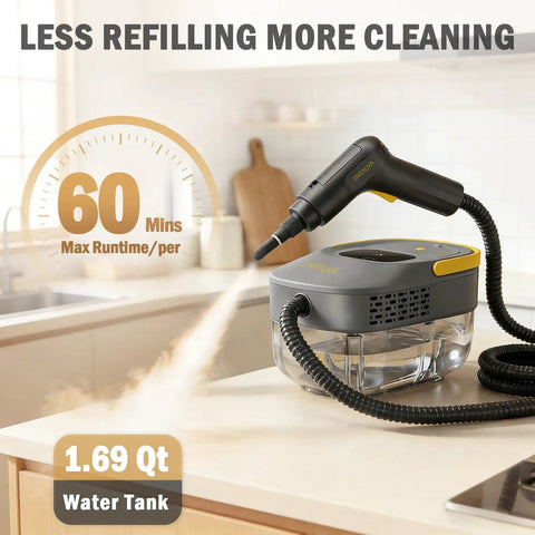 Heavy Duty 1600W Handheld Steam Cleaner For Home 1.69 Qt Tank showcasing steam release from stylish design on kitchen counter.