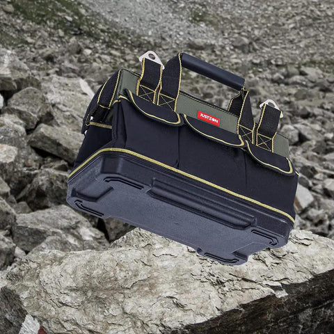 17 Inch Tool Bag For Men With Wide Mouth And Waterproof Molded Base Plastic Padded Handle Adjustable Shoulder Strap on rocks