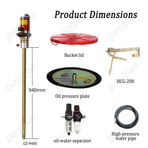 Air Operated Grease Pump With 50:1 Ratio components, including bucket lid, oil pressure plate, and high-pressure hose.