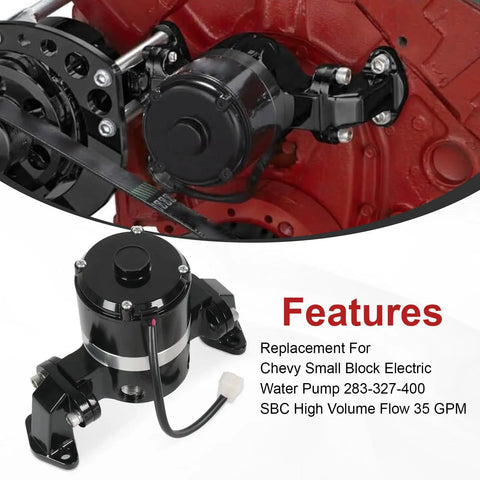 Professional Grade Superior Plug And Play Replacement Small Block Electric Water Pump For Chevy Sbc 262 283 327 400 High Flow 35 GPM 12 Volt Cooling Rig With Mounting Gaskets Included, black aluminum design close-up.