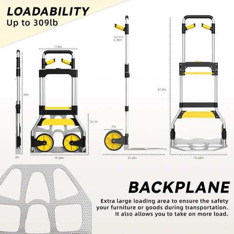 Heavy Duty Aluminum Folding Hand Truck With 309 Lb Weight Limit And Smooth TPR Rollers Collapsible Dolly Cart Featuring Adjustable Grip For No Sweat Hauling Across Any Floor
