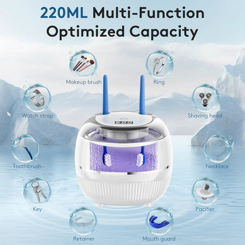 Deep Clean Retainers Night Guards And Braces With 48kHz Ultrasonic Cleaner Pod 220ml Digital Timer For At Home Pro Grade Dental Care Also Safe For Dentures Aligner Toothbrush And Jewelry, 220ml cleaner shown