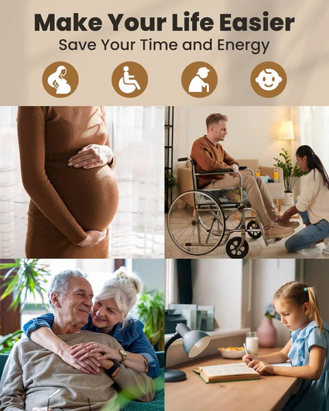 Collage showing care for pregnant women, wheelchair users, elderly couples, and children at study desks.