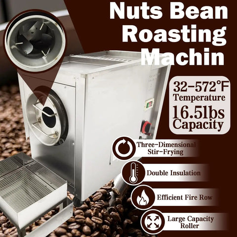 Heavy Duty Commercial Gas Coffee Roaster Featuring A Rock Solid Stainless Steel Drum And Full Automatic Controls For Beans Nuts Peanuts Seeds With No Sweat Operation And Straight Fire Results, showcasing three-dimensional stir-frying.