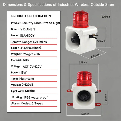 Straight Up Heavy Duty Wireless Alarm Siren With Bright Led Strobe And Loud 120Db Horn, Long Range Remote Control Built Tough For Warehouse Theft Deterrent And Factory Loss Prevention, Ac 110V