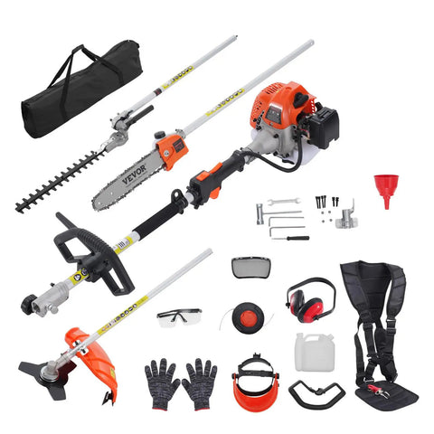 Five In One 26cc Gas Powered Two Stroke Garden Tool Kit with hedge trimmer, chainsaw, string trimmer, accessories, and safety gear.