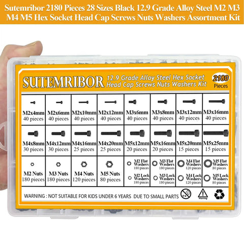 Tough As Nails 2180 Piece Metric Hex Socket Head Cap Screws Nuts Washers Assortment Kit With Precision Allen Wrenches M2 M3 M4 M5 12.9 Grade Alloy Steel Black Set displayed in organized plastic case.