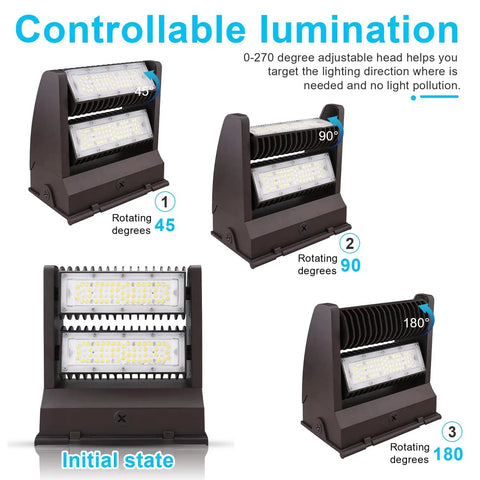 40W Rotatable LED Wall Pack Light With 5000K Daylight Output, 5500 Lumens Outdoor Area Fixture showing adjustable angles