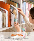 A woman organizing Six Pack Clear Hard Shell Zipper Pouches Waterproof Crush Resistant Storage Bags for easy access on a shelf.