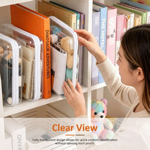 A woman organizing Six Pack Clear Hard Shell Zipper Pouches Waterproof Crush Resistant Storage Bags for easy access on a shelf.