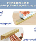 10 Pack Self Adhesive Cabinet Pulls 5 Inch Gold Finger Handles; adhesive application shown, features waterproof and load-bearing use.