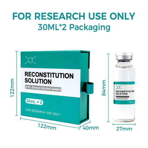 Reconstitution Solution bottle and teal 2-pack box, glass vials, 30mL each, for research use only.