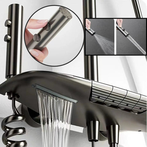CUTPOIY Thermostatic Shower System, a gray shower faucet with a handheld spray and LED display, showing adjustable water settings.