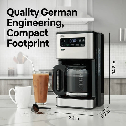 PureFlavor 14 Cup Programmable Coffee Maker With Lightning Fast Brew Touch Display Brew Over Ice Mode Flavor Carafe BrewChoice Plus And Adjustable Warm Plate on kitchen counter