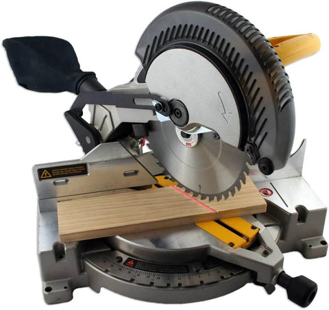 Front view of Oshlun LG-M01 miter saw laser guide on a grey portable miter saw.