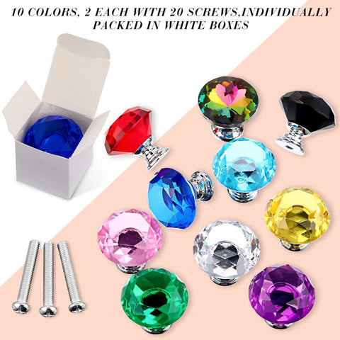 Crystal Drawer Pulls 20 Pack Diamond 30mm Cabinet Knobs in multicolor with hardware screws and packaging box