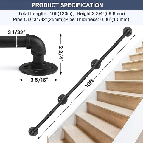 10Ft Matte Black Stair Handrails For Indoor Stairs With Wall Mount Support Made From Iron Pipe Railing Durable Rust Resistant