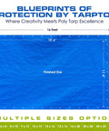 Blueprint showing multiple sizes of poly tarp, featuring a 16x12 foot tarp with detailed dimensions for various uses
